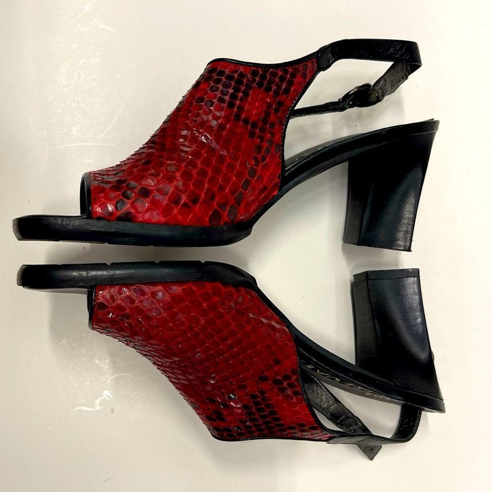 Prevata Made in Italy Red Genuine Reptile Snakeskin Block Heel Peep-Toe Sandals